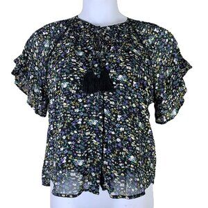 Allison New York Size Medium Blouse Floral Short Flutter Sleeves Button Up